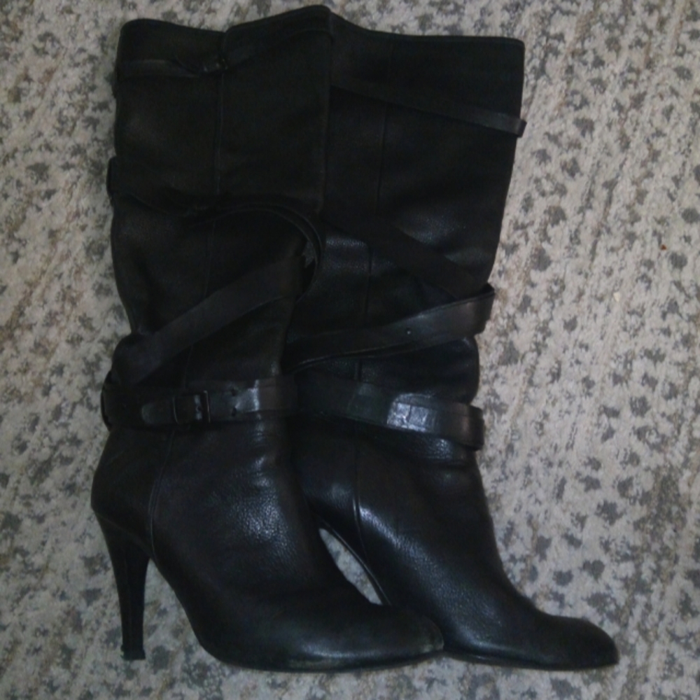 Moto Chic Rosegold Strappy Italian Leather Knee High Boot in Black Sz 10 - Picture 4 of 10